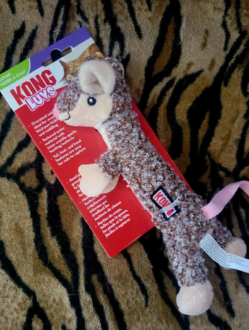 Kong Cat Luvs Brown Plush Cat Toy with Pink Tail Kicker Ea New!